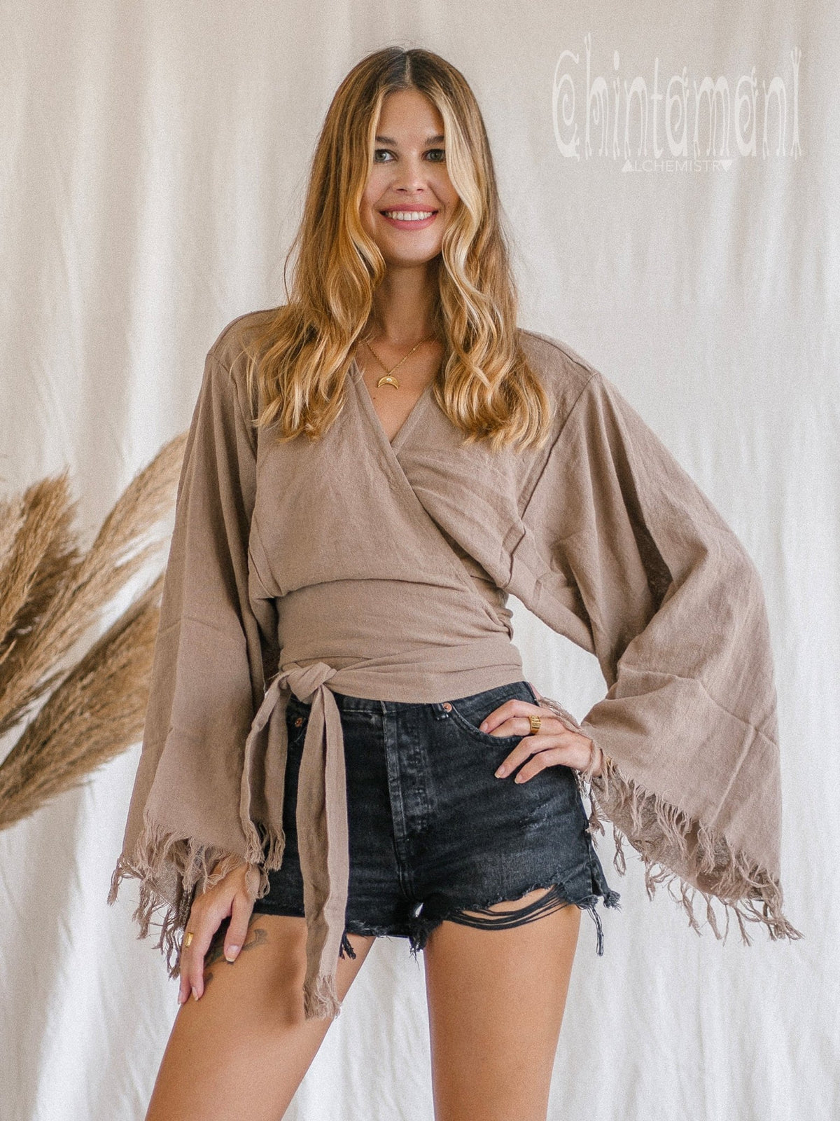 Boho Kimono Wrap Top for Women / Wide Sleeve Organic Crop Top / Coffee - ChintamaniAlchemi