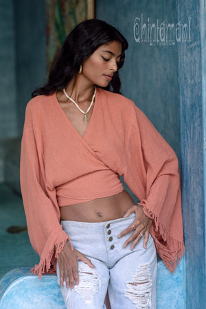 Boho Kimono Wrap Top for Women / Wide Sleeve Organic Crop Top / Pink - ChintamaniAlchemi