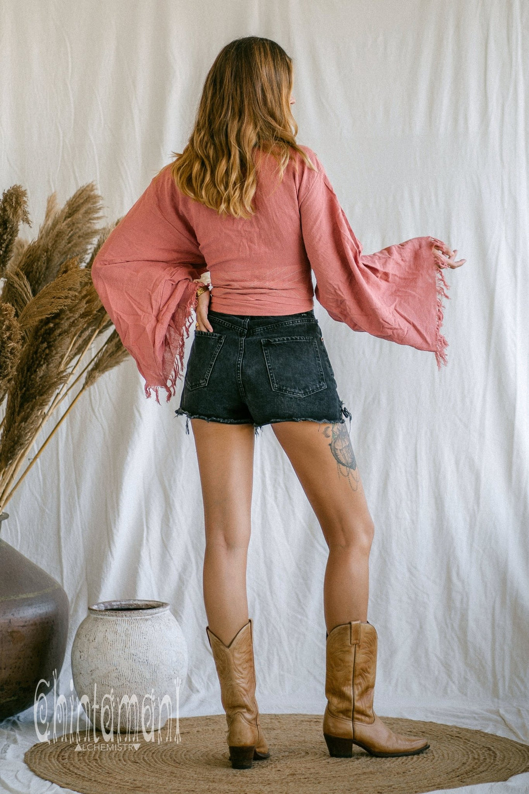 Boho Kimono Wrap Top for Women / Wide Sleeve Organic Crop Top / Pink - ChintamaniAlchemi