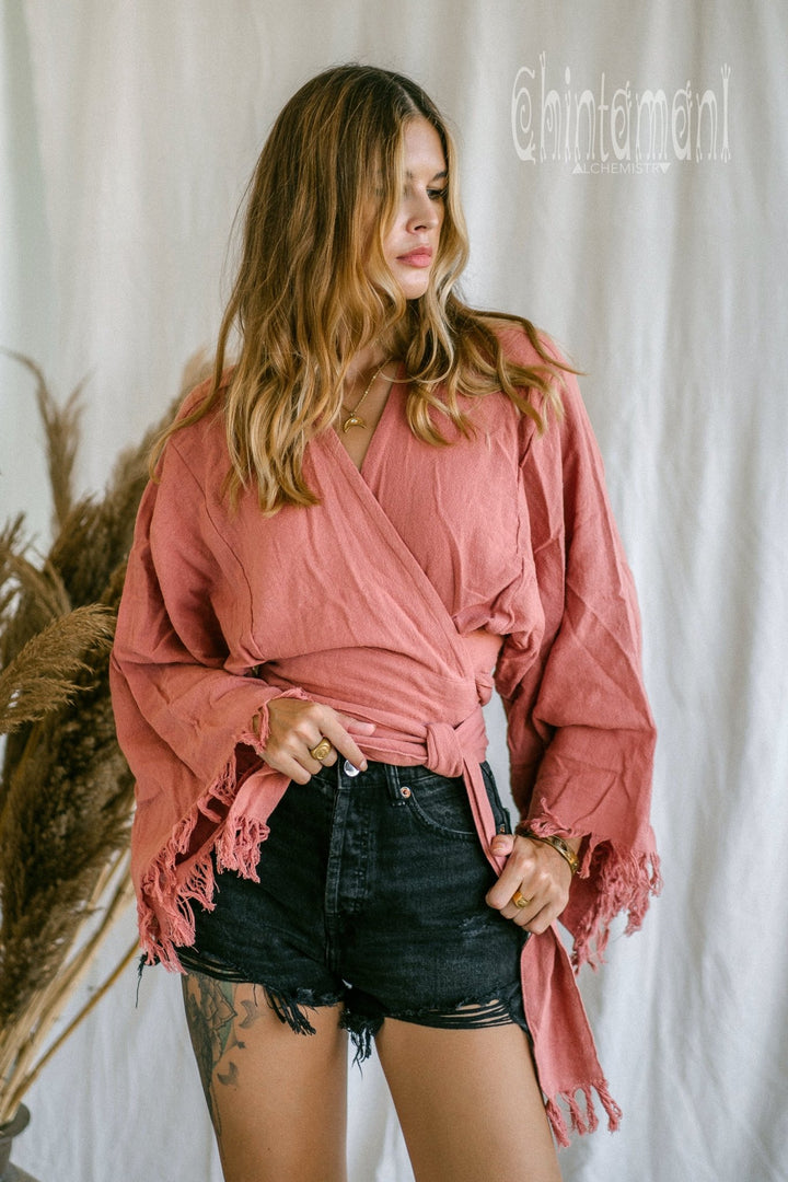 Boho Kimono Wrap Top for Women / Wide Sleeve Organic Crop Top / Pink - ChintamaniAlchemi
