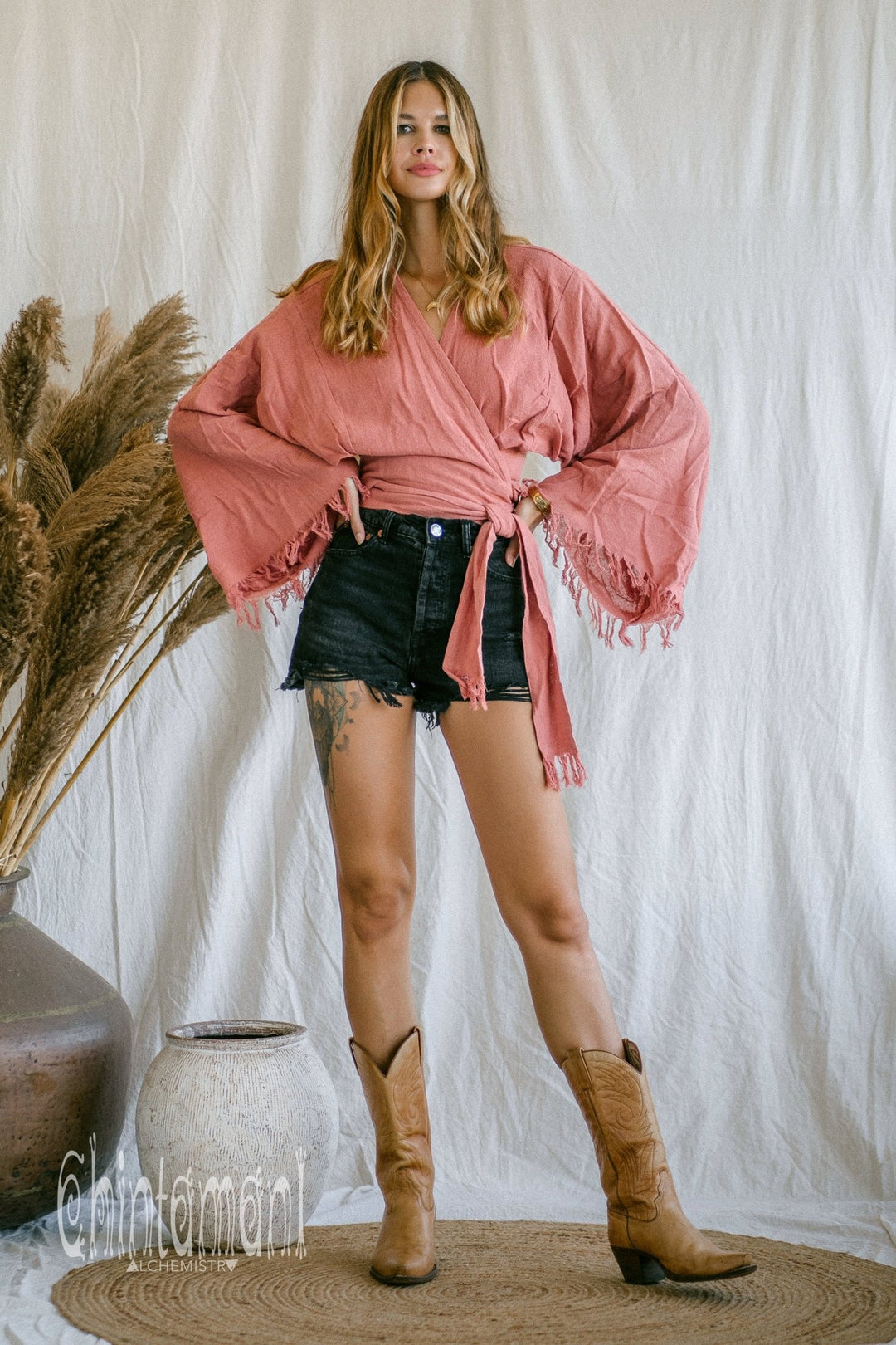 Boho Kimono Wrap Top for Women / Wide Sleeve Organic Crop Top / Pink - ChintamaniAlchemi