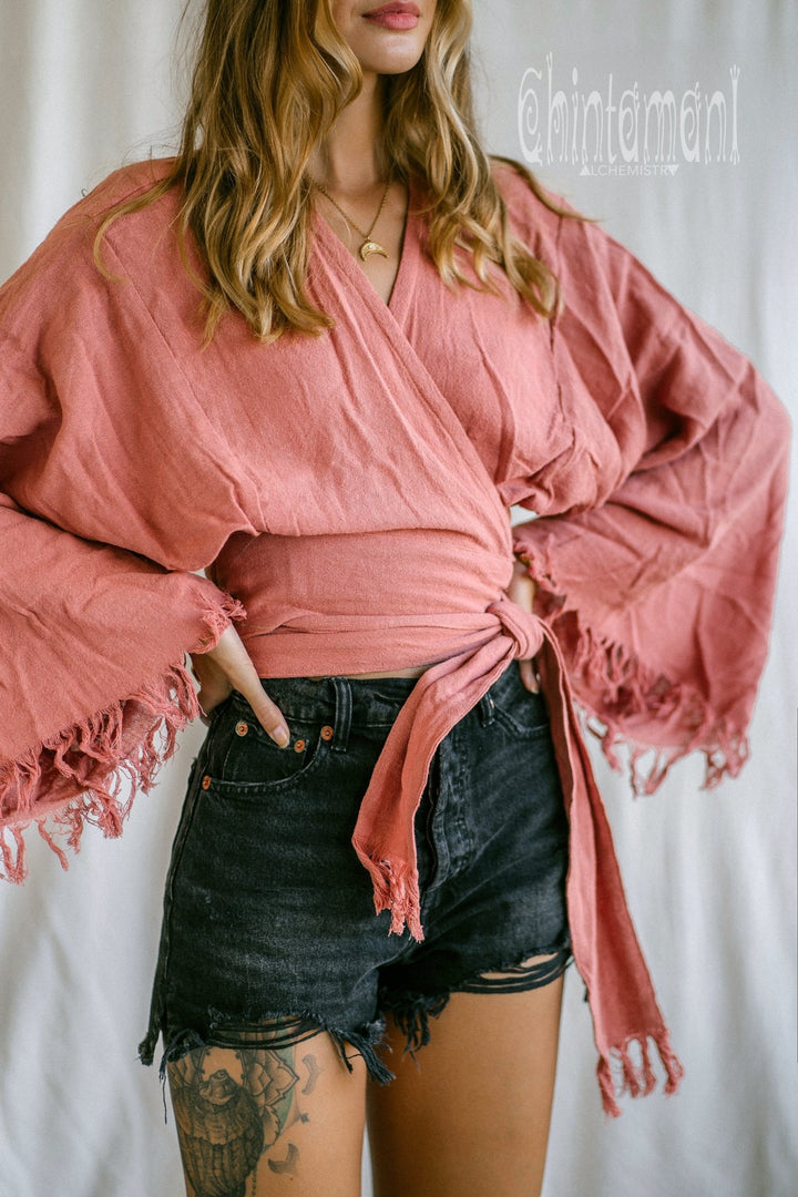 Boho Kimono Wrap Top for Women / Wide Sleeve Organic Crop Top / Pink - ChintamaniAlchemi