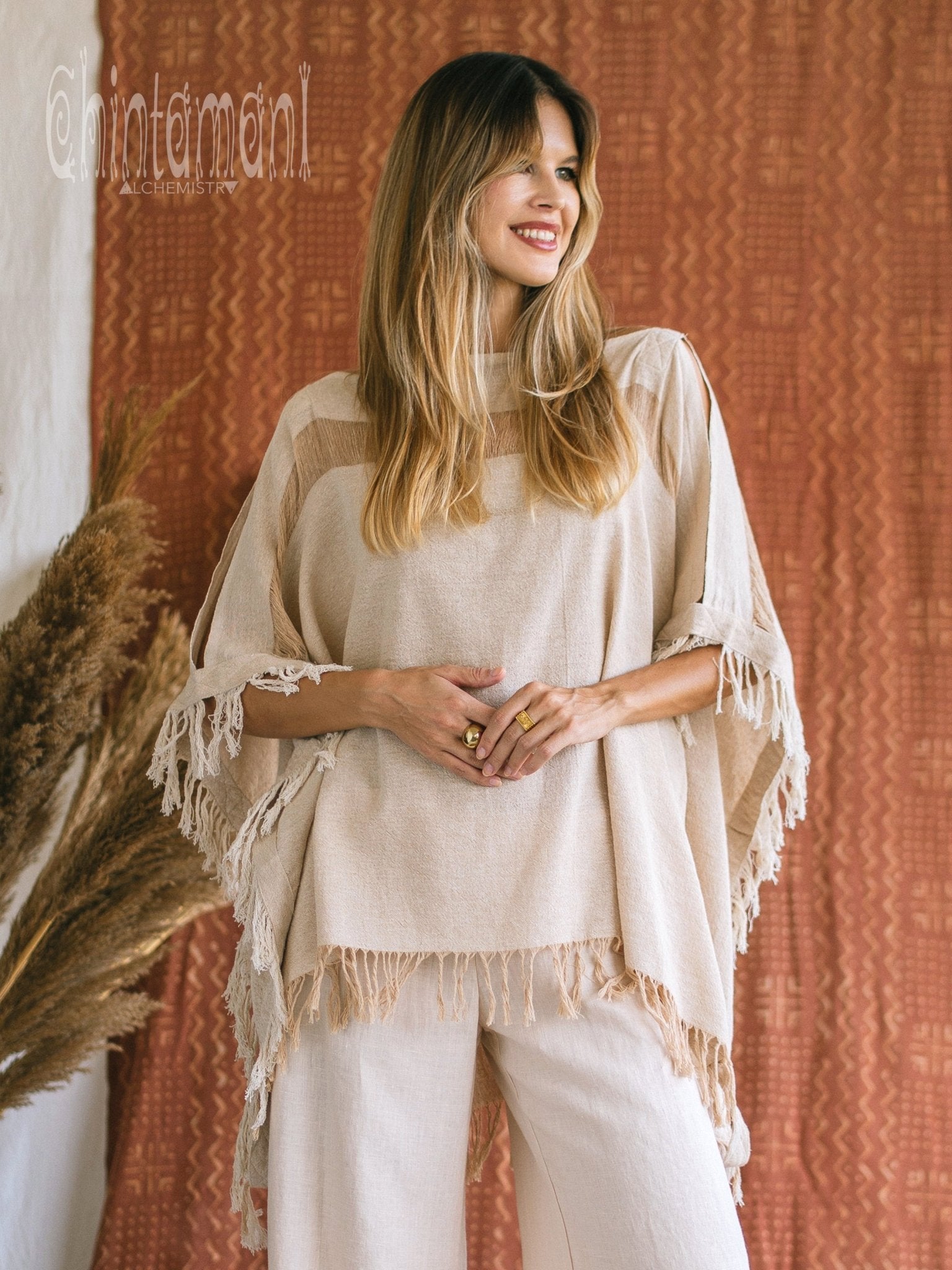 Cotton Poncho Top / Beige - ChintamaniAlchemi