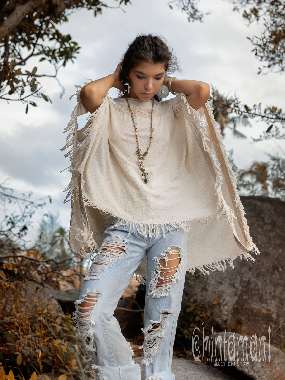 Cotton Poncho Top / Off White - ChintamaniAlchemi