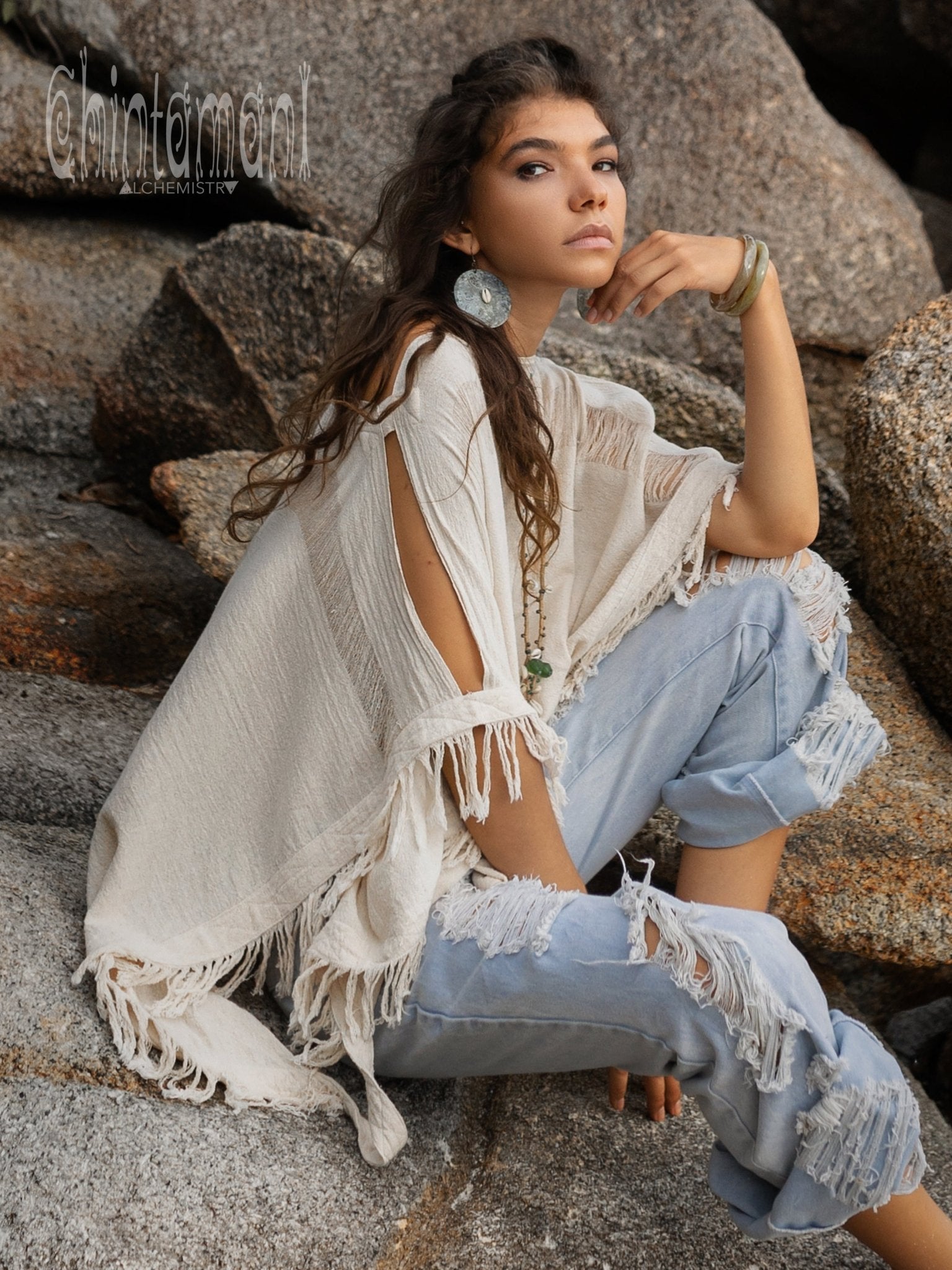 Cotton Poncho Top / Off White - ChintamaniAlchemi