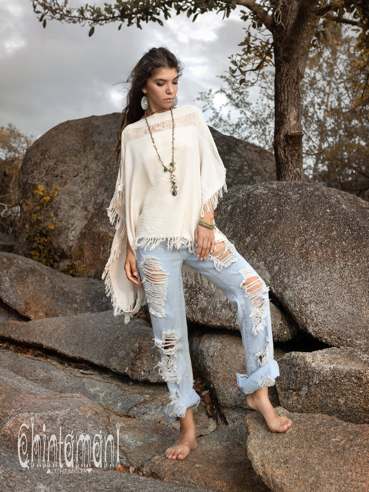 Cotton Poncho Top / Off White - ChintamaniAlchemi