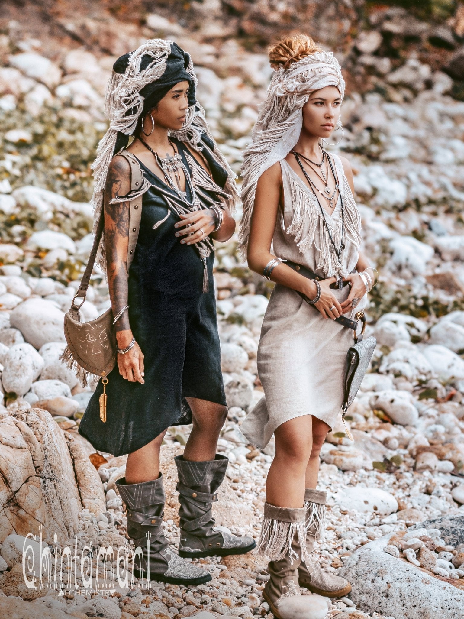 Fringe Linen Mini Dress / Natural Grey - ChintamaniAlchemi