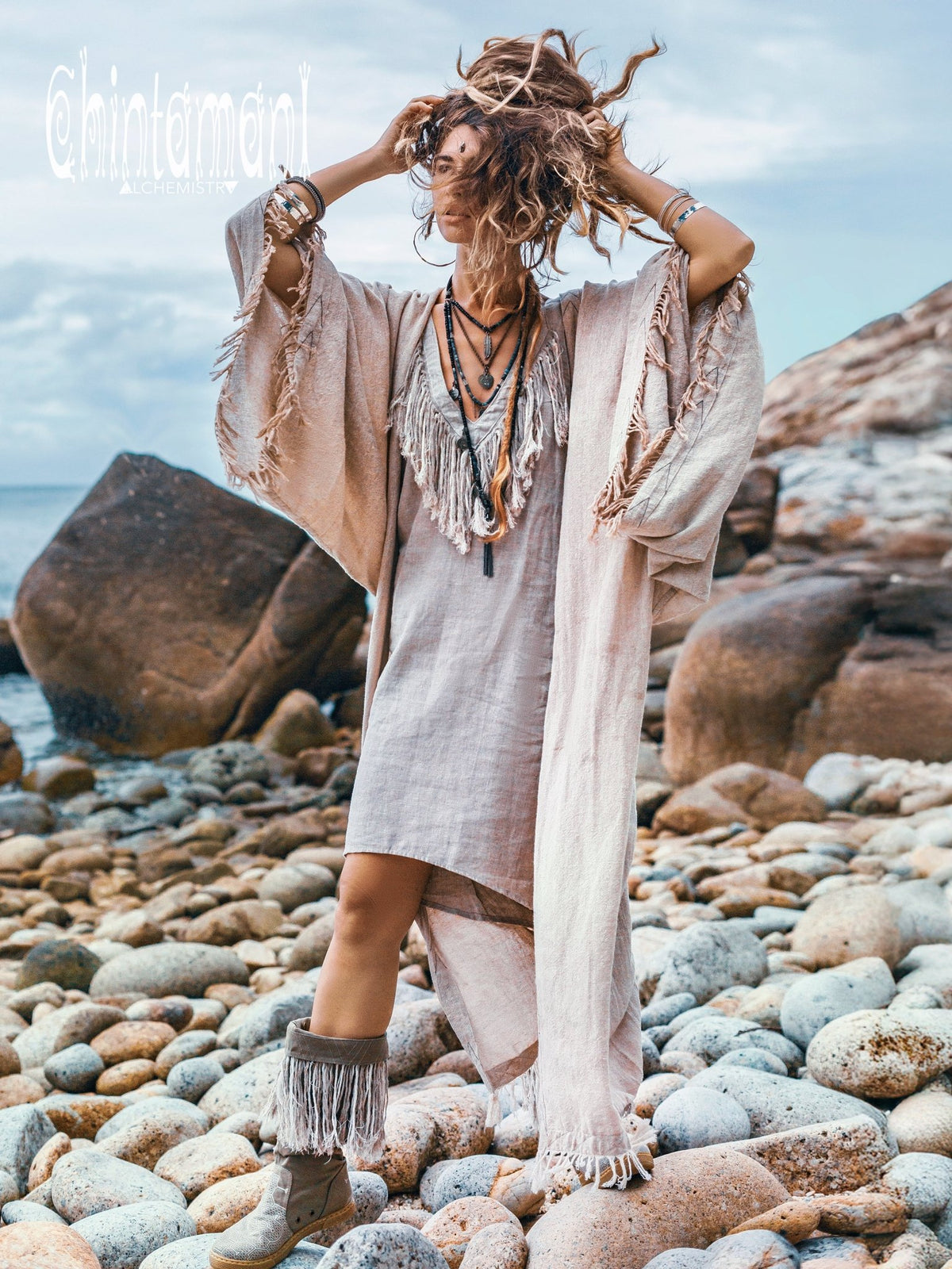 Fringe Linen Mini Dress / Natural Grey - ChintamaniAlchemi