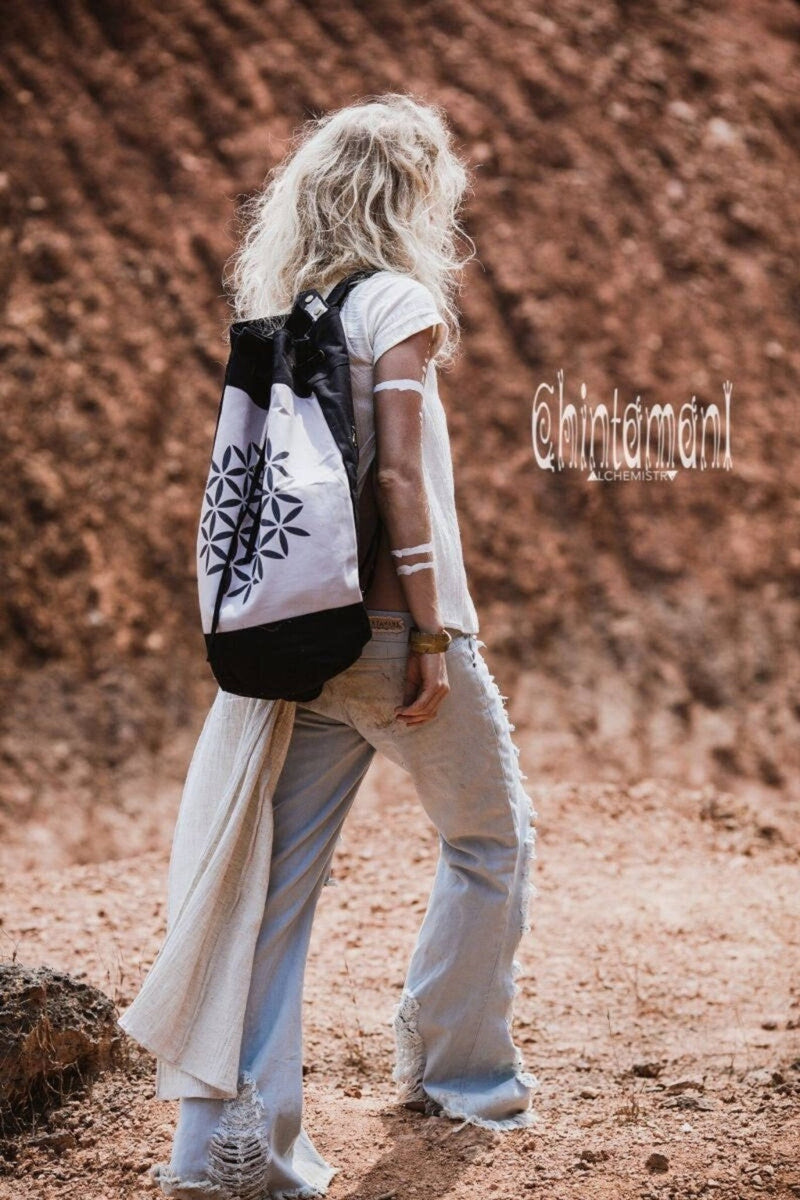Giant Cotton Canvas Torba Backpack with Flower of Life Print / Black & Grey - ChintamaniAlchemi