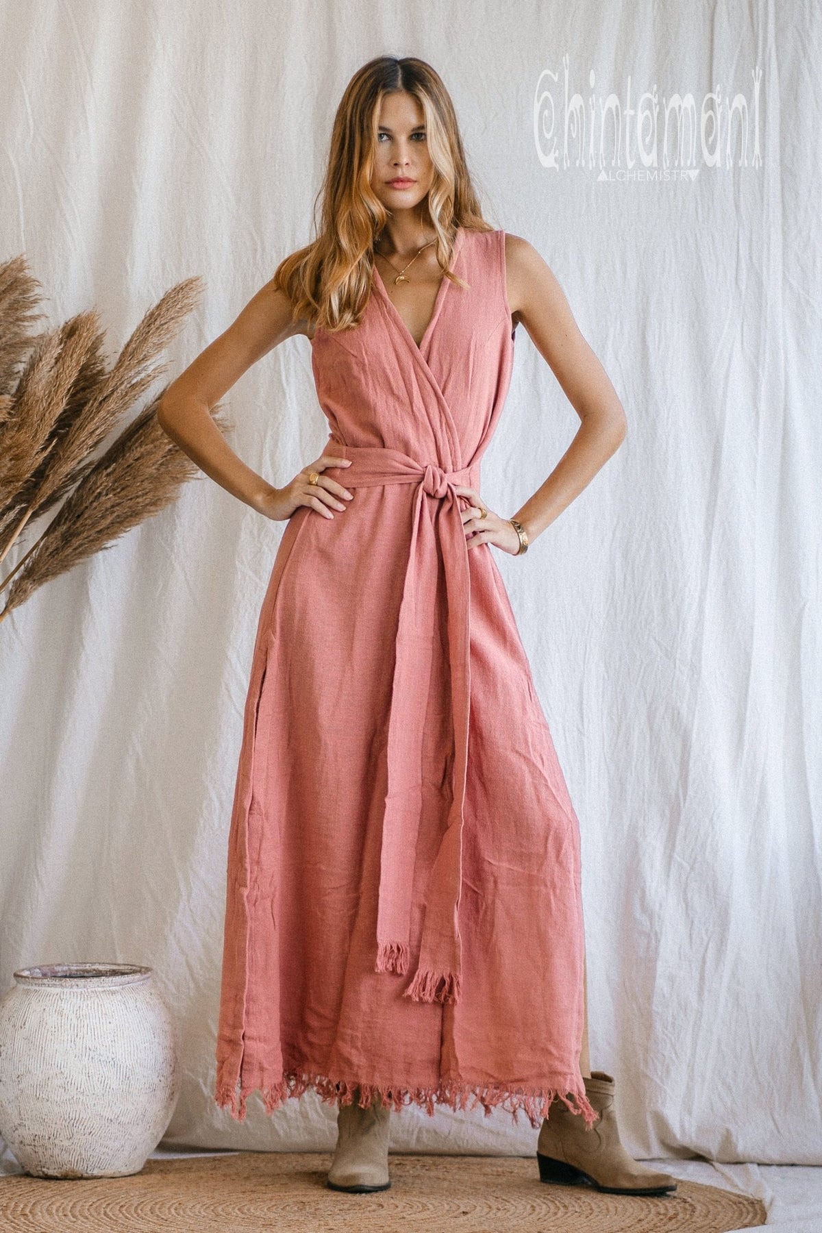 Gypsy Raw Cotton Sleeveless Long Wrap Dress / Pink - ChintamaniAlchemi