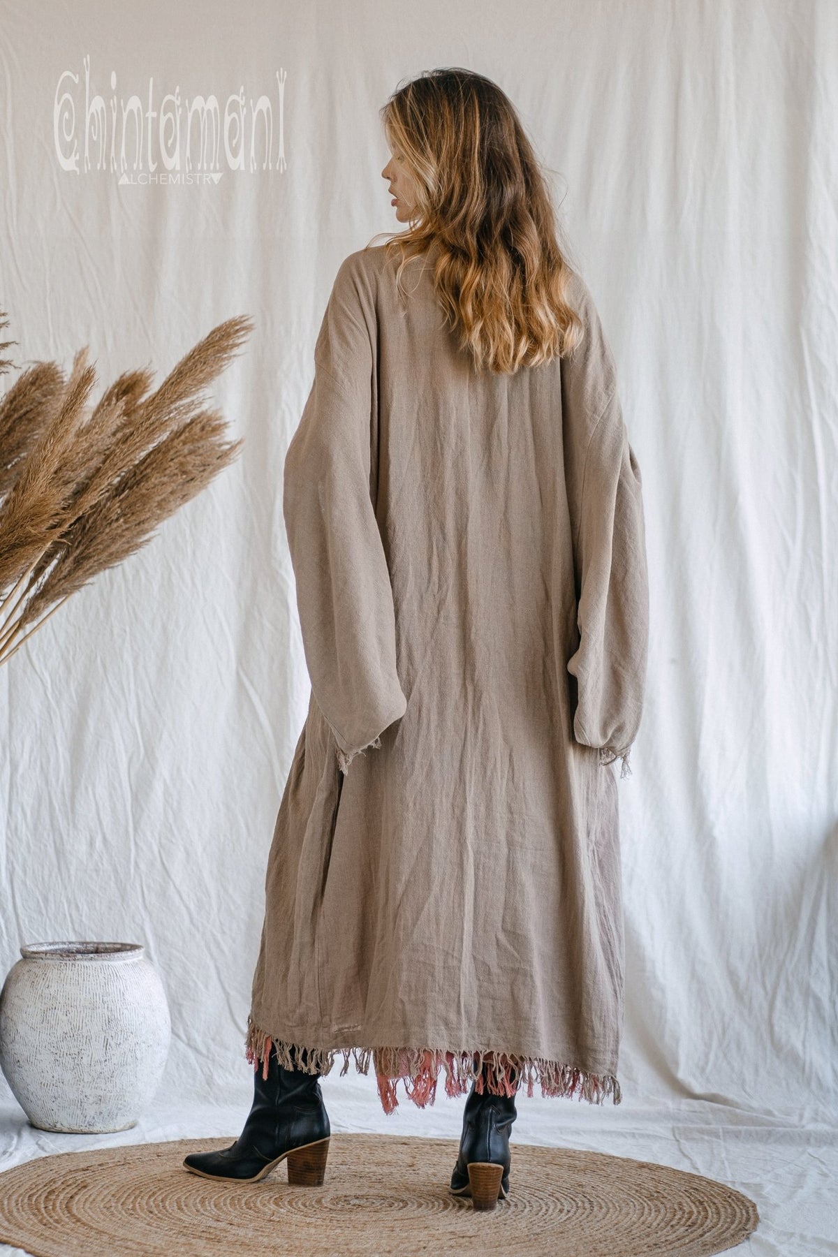 Huge Wide Sleeves Kimono Cardigan / Raw Cotton Wrap Robe / Coffee - ChintamaniAlchemi