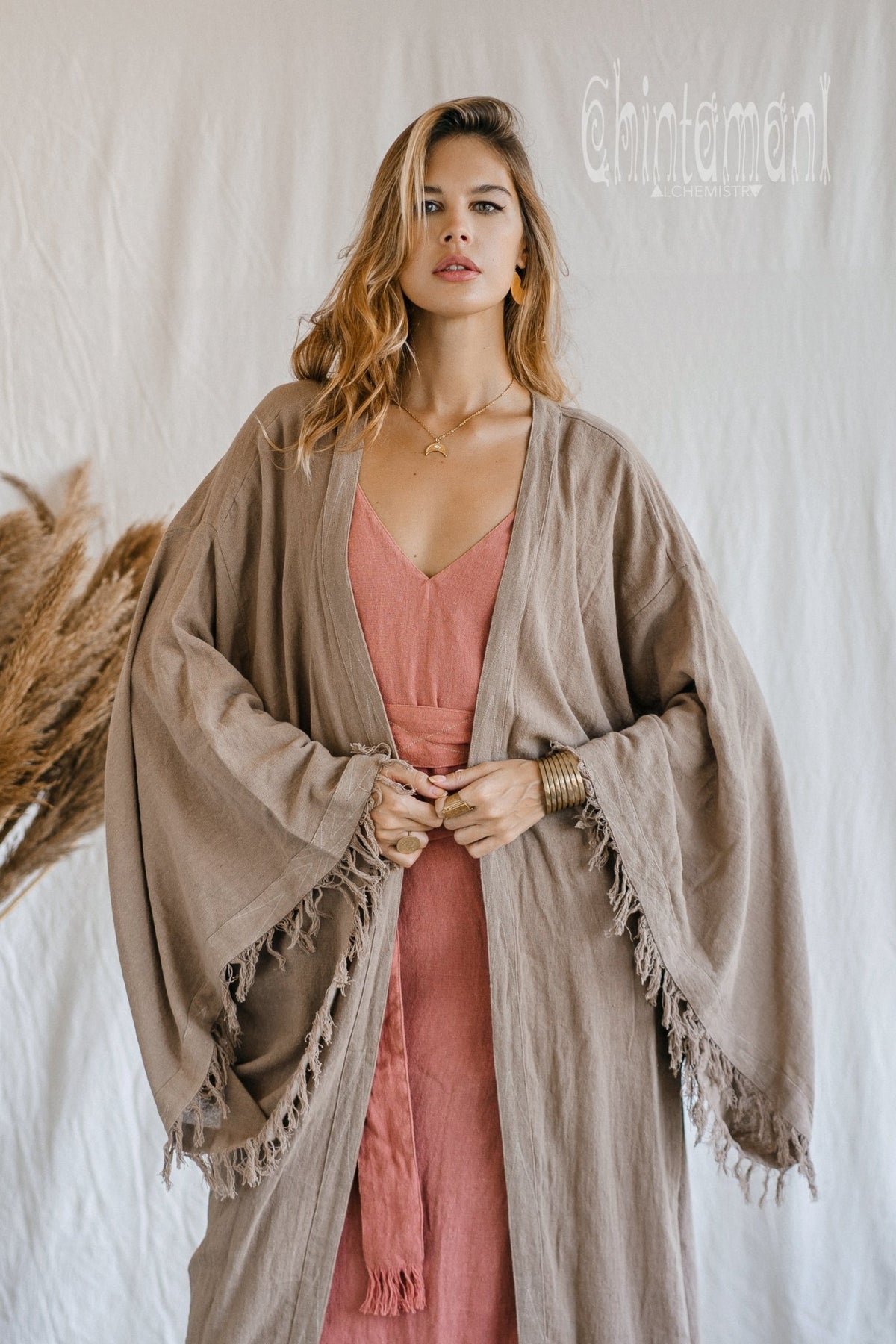 Huge Wide Sleeves Kimono Cardigan / Raw Cotton Wrap Robe / Coffee - ChintamaniAlchemi