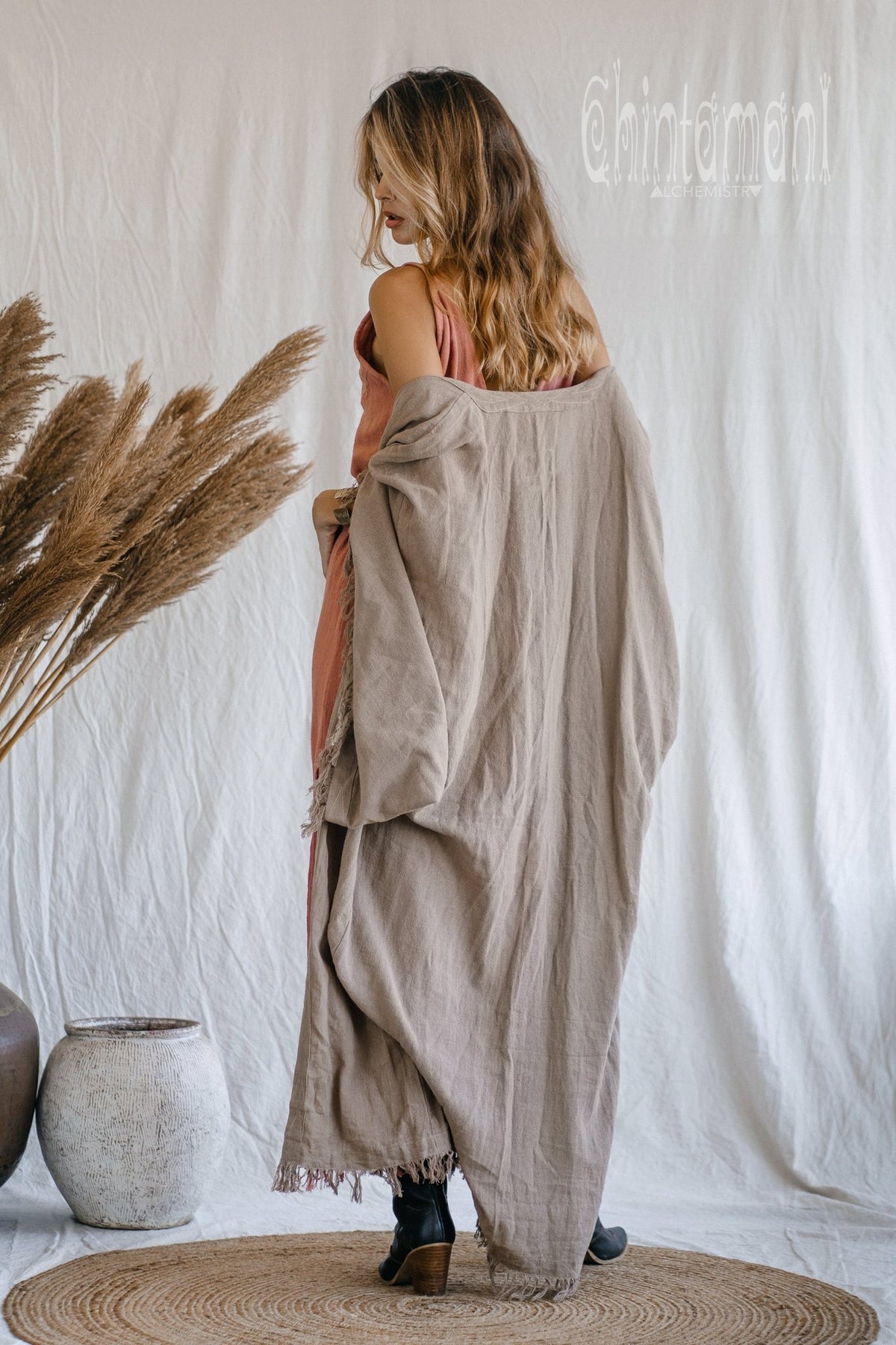 Huge Wide Sleeves Kimono Cardigan / Raw Cotton Wrap Robe / Coffee - ChintamaniAlchemi