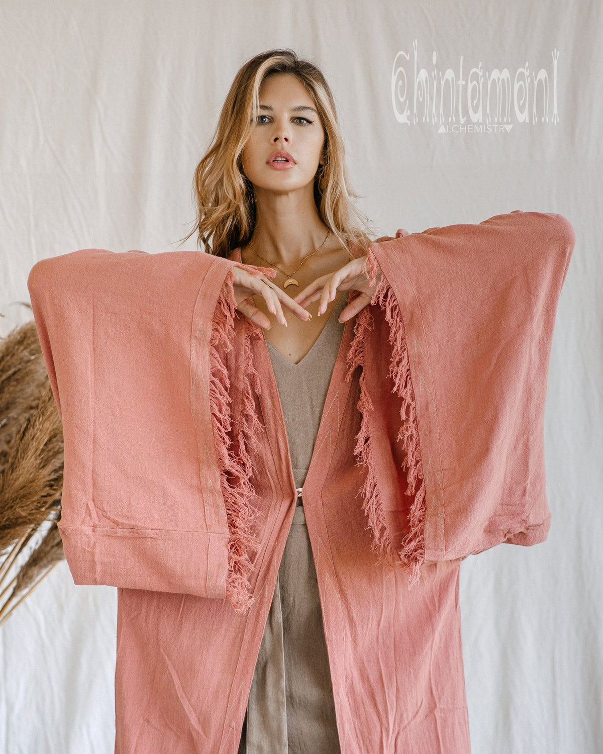 Huge Wide Sleeves Kimono Cardigan / Raw Cotton Wrap Robe / Soft Pink - ChintamaniAlchemi