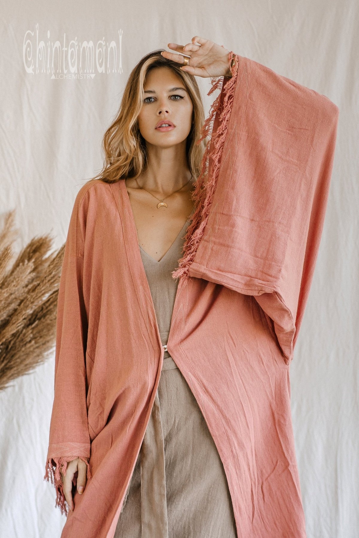 Huge Wide Sleeves Kimono Cardigan / Raw Cotton Wrap Robe / Soft Pink - ChintamaniAlchemi