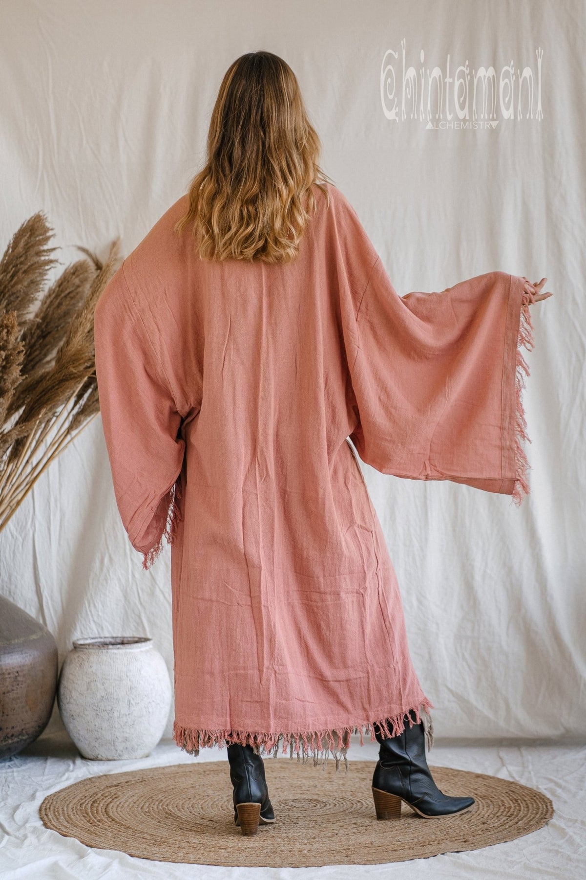 Huge Wide Sleeves Kimono Cardigan / Raw Cotton Wrap Robe / Soft Pink - ChintamaniAlchemi