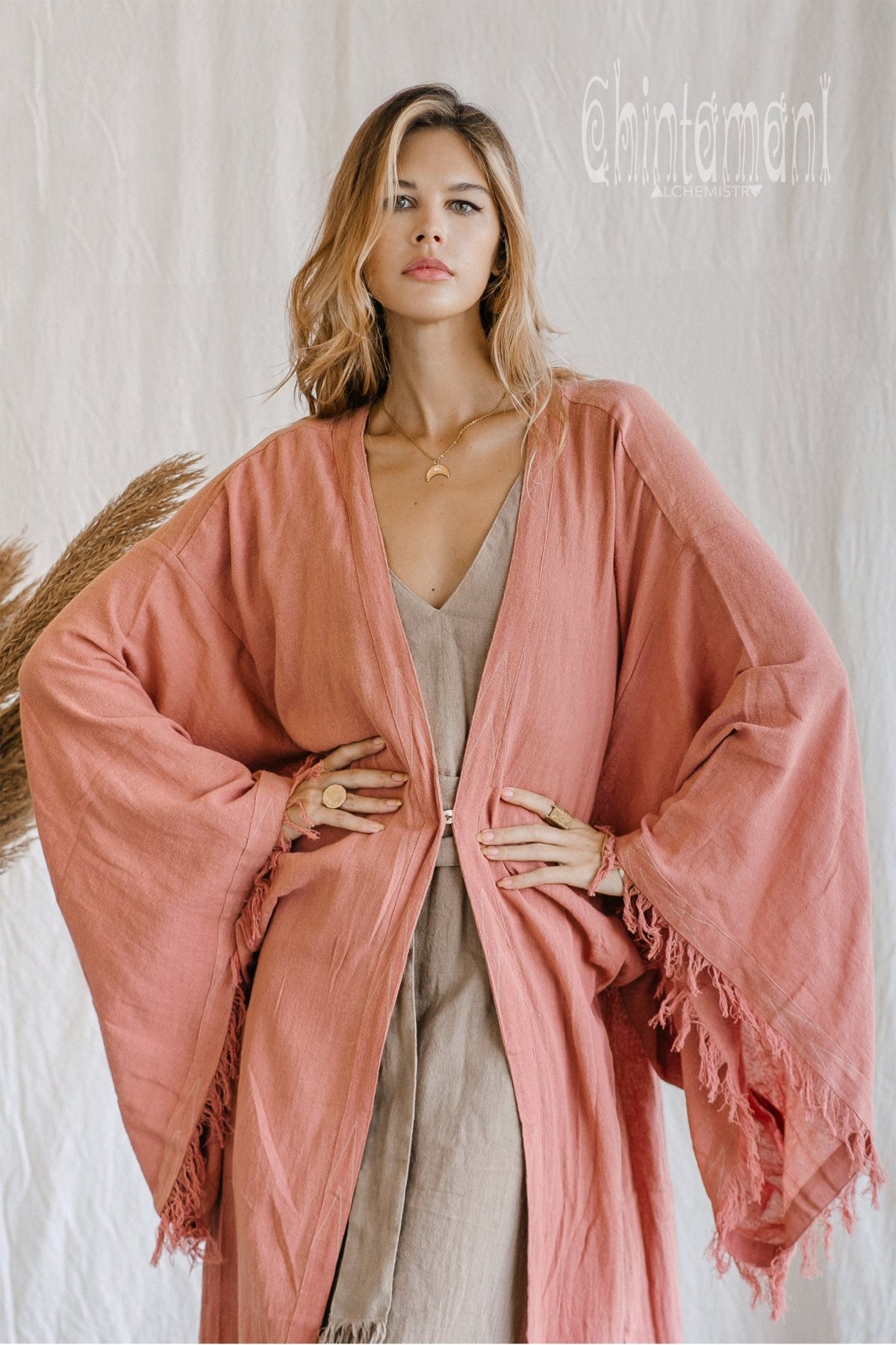 Huge Wide Sleeves Kimono Cardigan / Raw Cotton Wrap Robe / Soft Pink - ChintamaniAlchemi