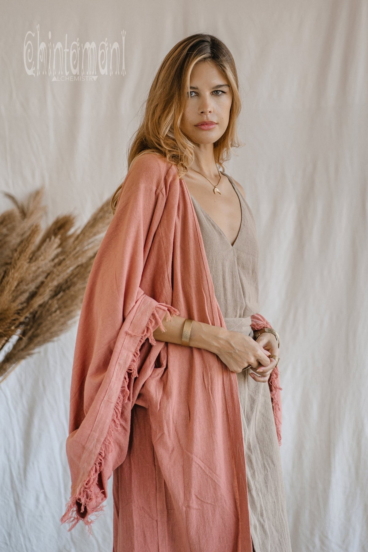 Huge Wide Sleeves Kimono Cardigan / Raw Cotton Wrap Robe / Soft Pink - ChintamaniAlchemi