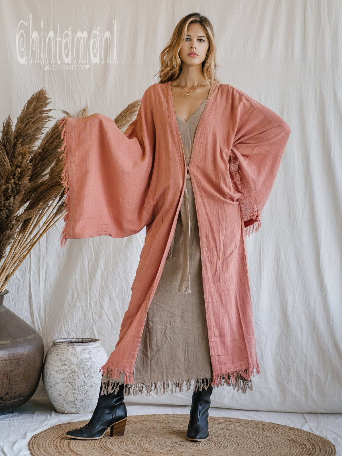 Huge Wide Sleeves Kimono Cardigan / Raw Cotton Wrap Robe / Soft Pink - ChintamaniAlchemi