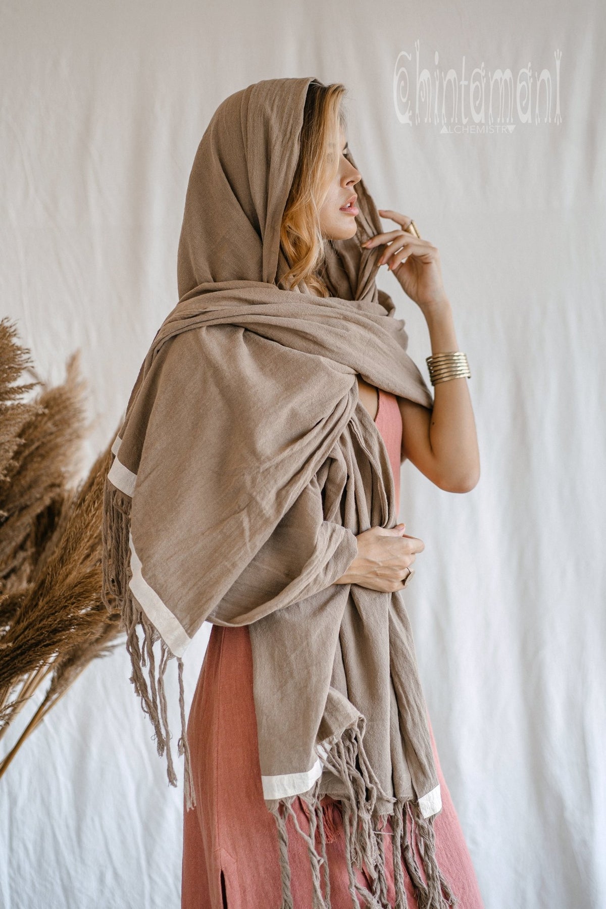 Long Fringe Boho Shawl / Bohemian Scarf Wrap / Coffee - ChintamaniAlchemi