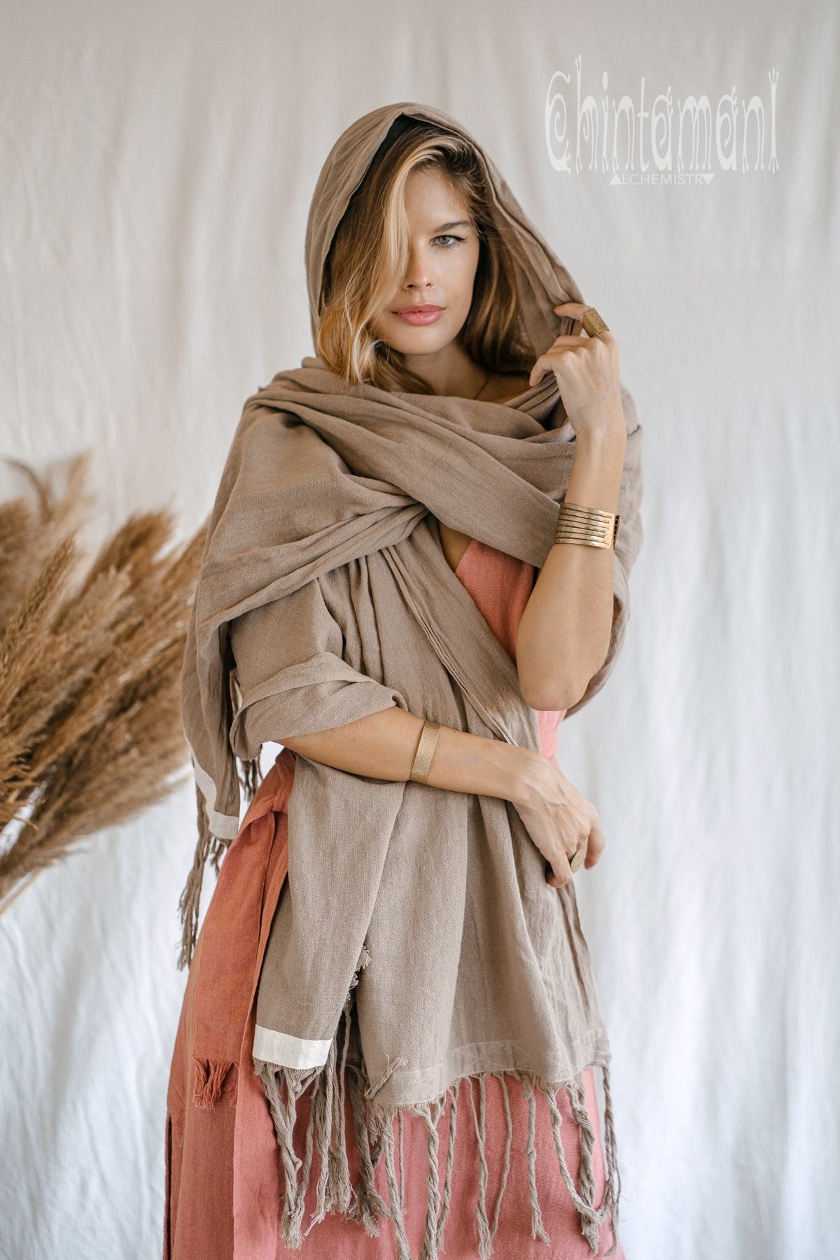 Long Fringe Boho Shawl / Bohemian Scarf Wrap / Coffee - ChintamaniAlchemi