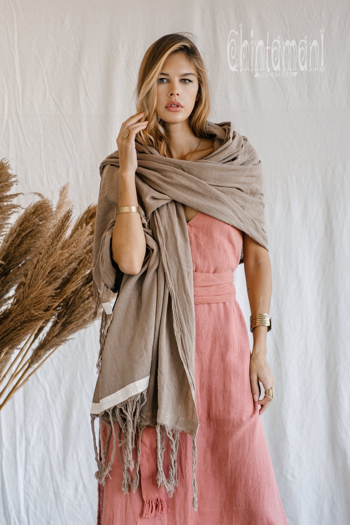 Long Fringe Boho Shawl / Bohemian Scarf Wrap / Coffee - ChintamaniAlchemi