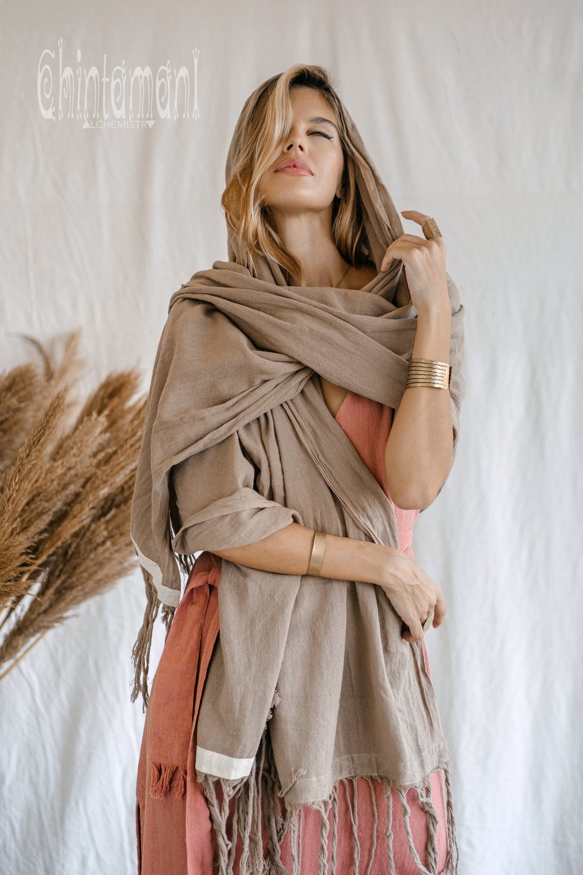 Long Fringe Boho Shawl / Bohemian Scarf Wrap / Coffee - ChintamaniAlchemi