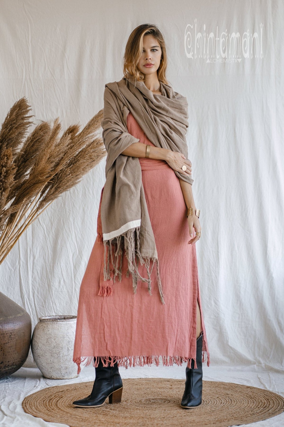 Long Fringe Boho Shawl / Bohemian Scarf Wrap / Coffee - ChintamaniAlchemi