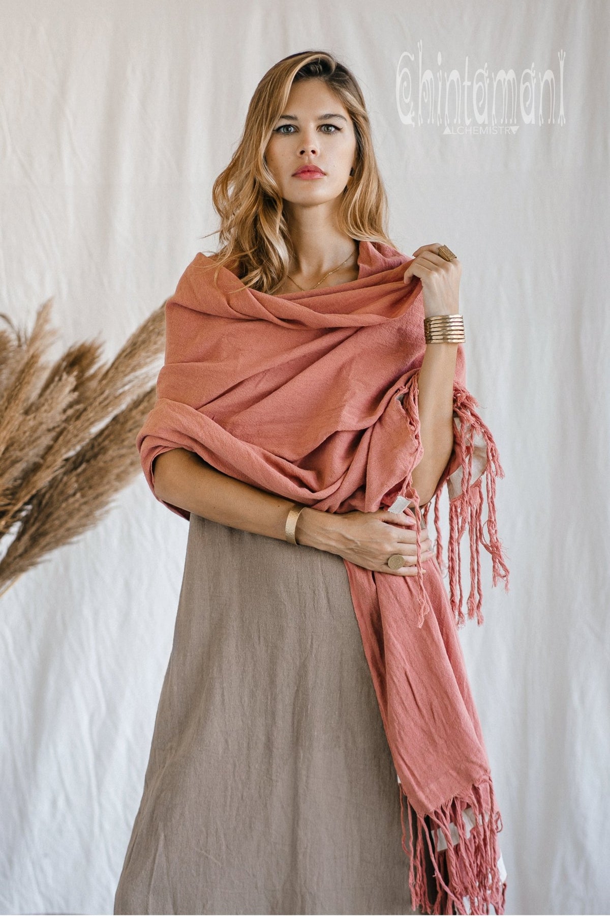 Long Fringe Boho Shawl / Bohemian Scarf Wrap / Soft Pink - ChintamaniAlchemi