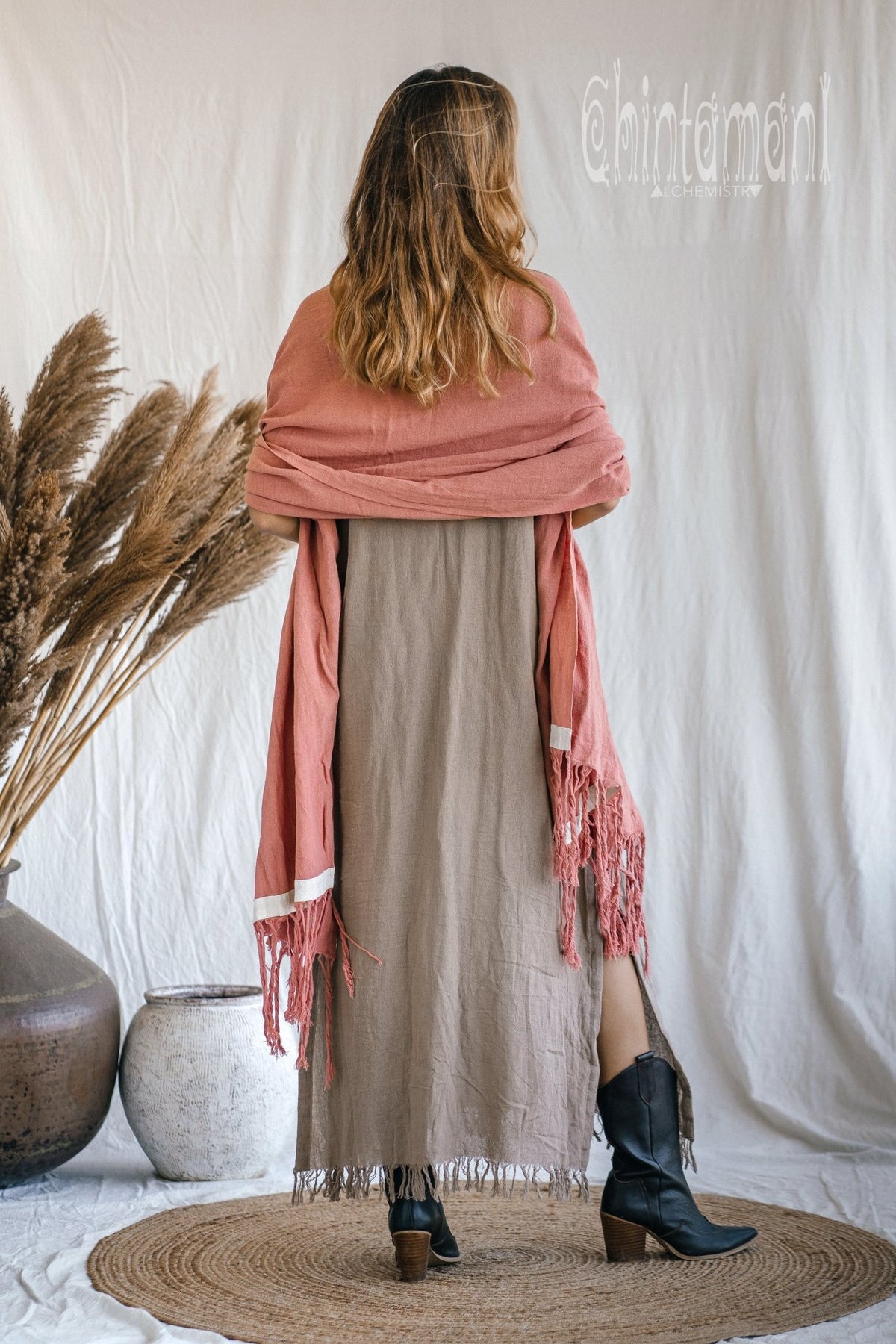 Long Fringe Boho Shawl / Bohemian Scarf Wrap / Soft Pink - ChintamaniAlchemi