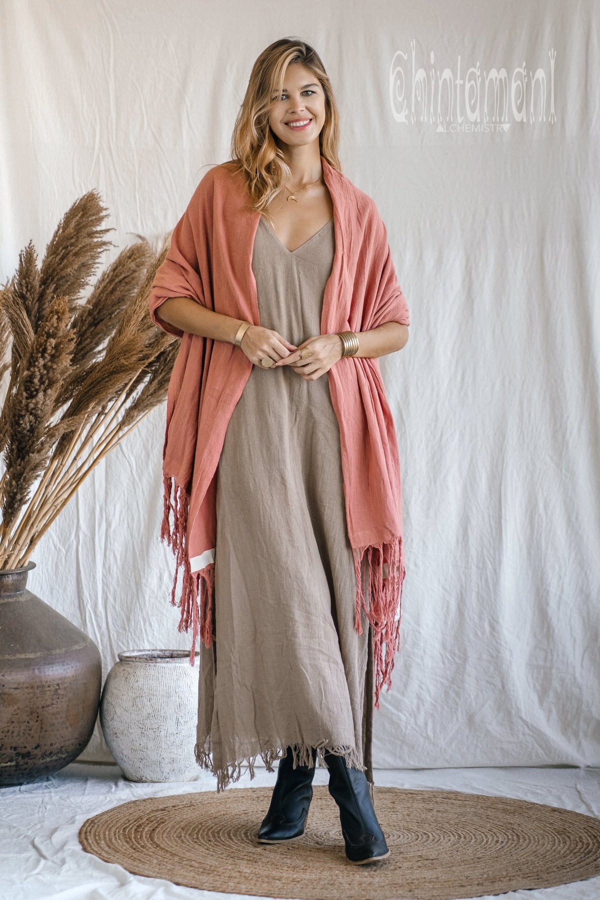 Long Fringe Boho Shawl / Bohemian Scarf Wrap / Soft Pink - ChintamaniAlchemi