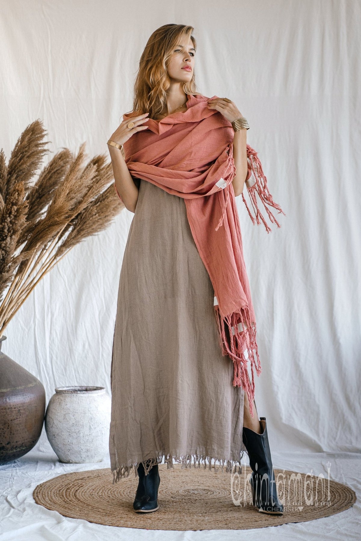 Long Fringe Boho Shawl / Bohemian Scarf Wrap / Soft Pink - ChintamaniAlchemi