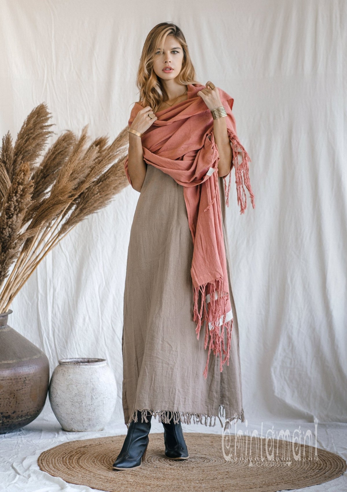 Long Fringe Boho Shawl / Bohemian Scarf Wrap / Soft Pink - ChintamaniAlchemi