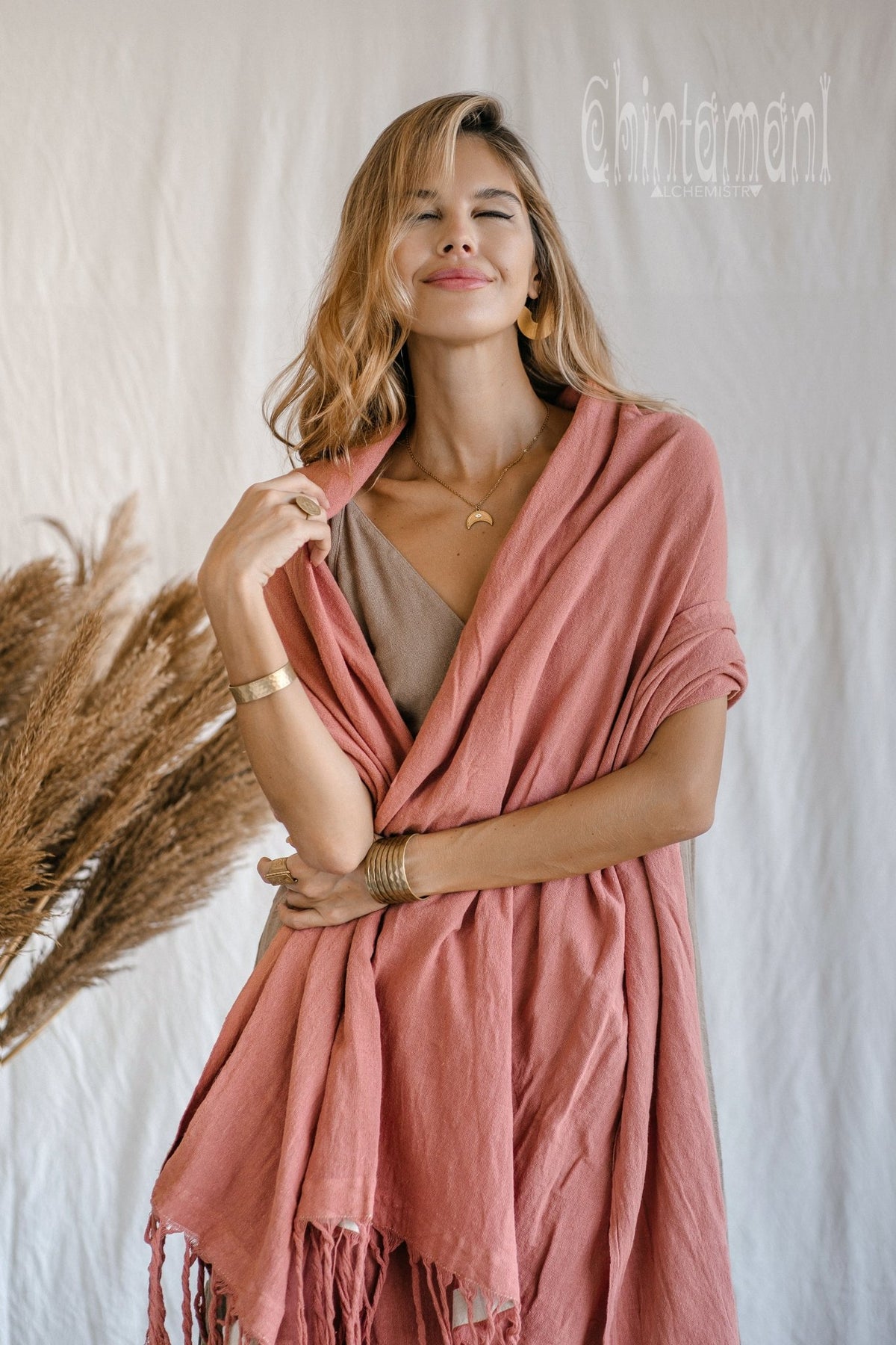 Long Fringe Boho Shawl / Bohemian Scarf Wrap / Soft Pink - ChintamaniAlchemi