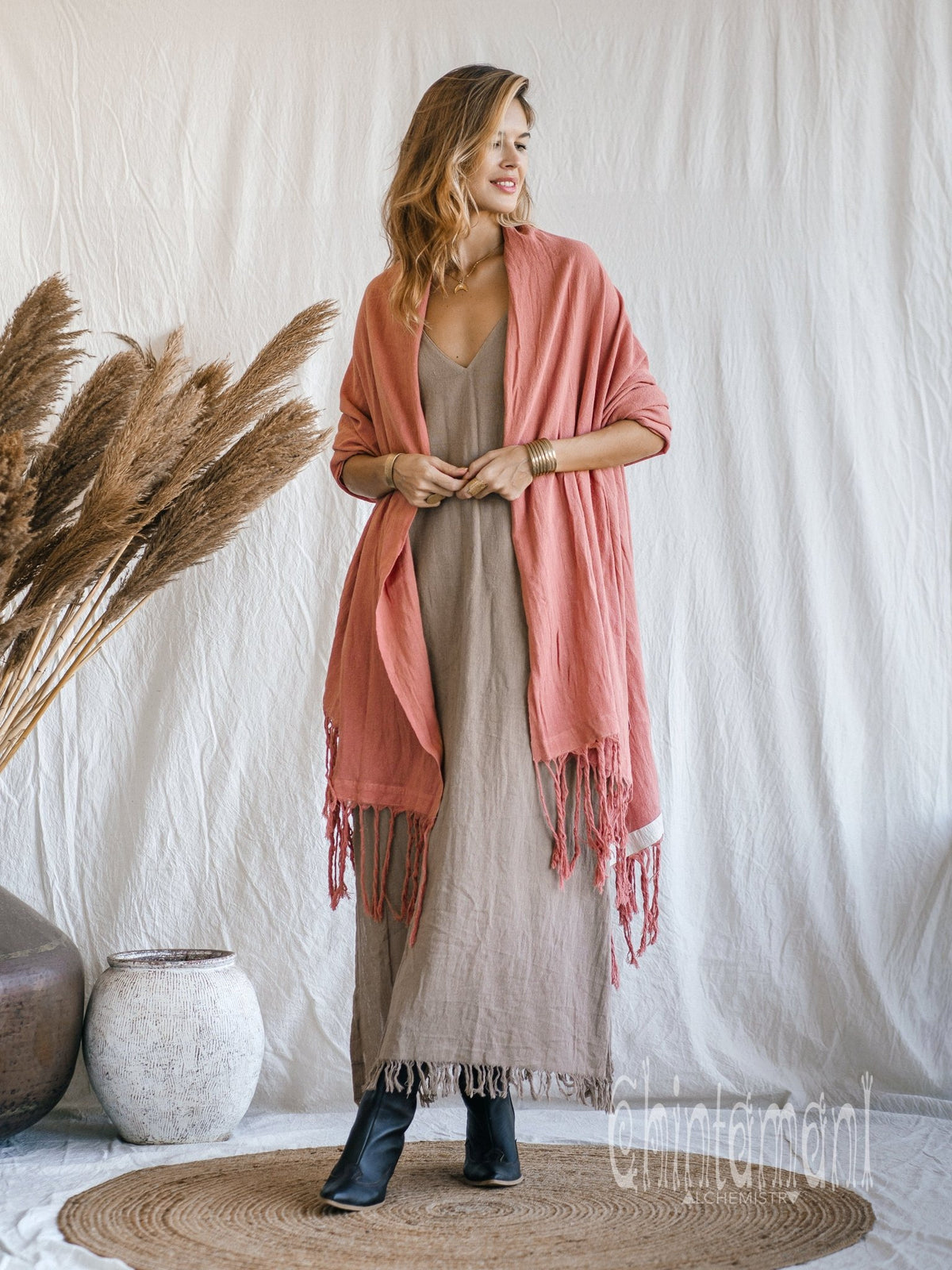 Long Fringe Boho Shawl / Bohemian Scarf Wrap / Soft Pink - ChintamaniAlchemi