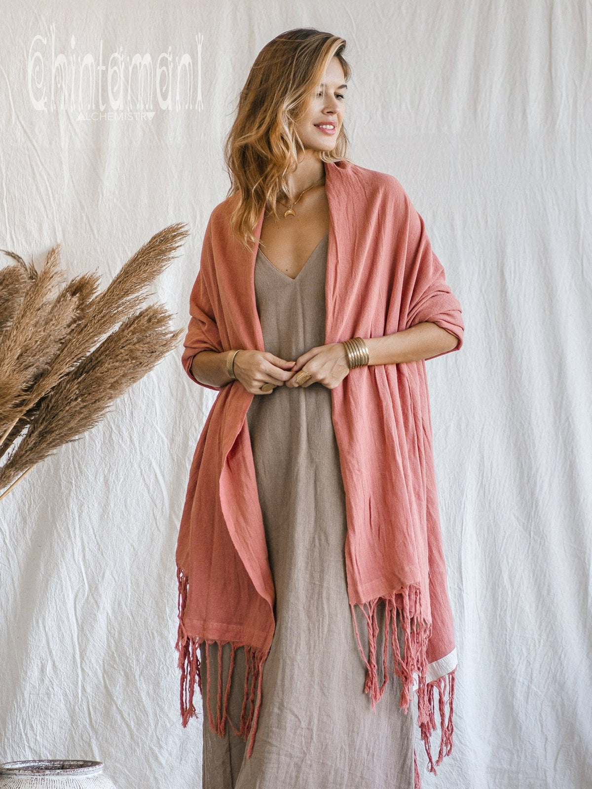 Long Fringe Boho Shawl / Bohemian Scarf Wrap / Soft Pink - ChintamaniAlchemi