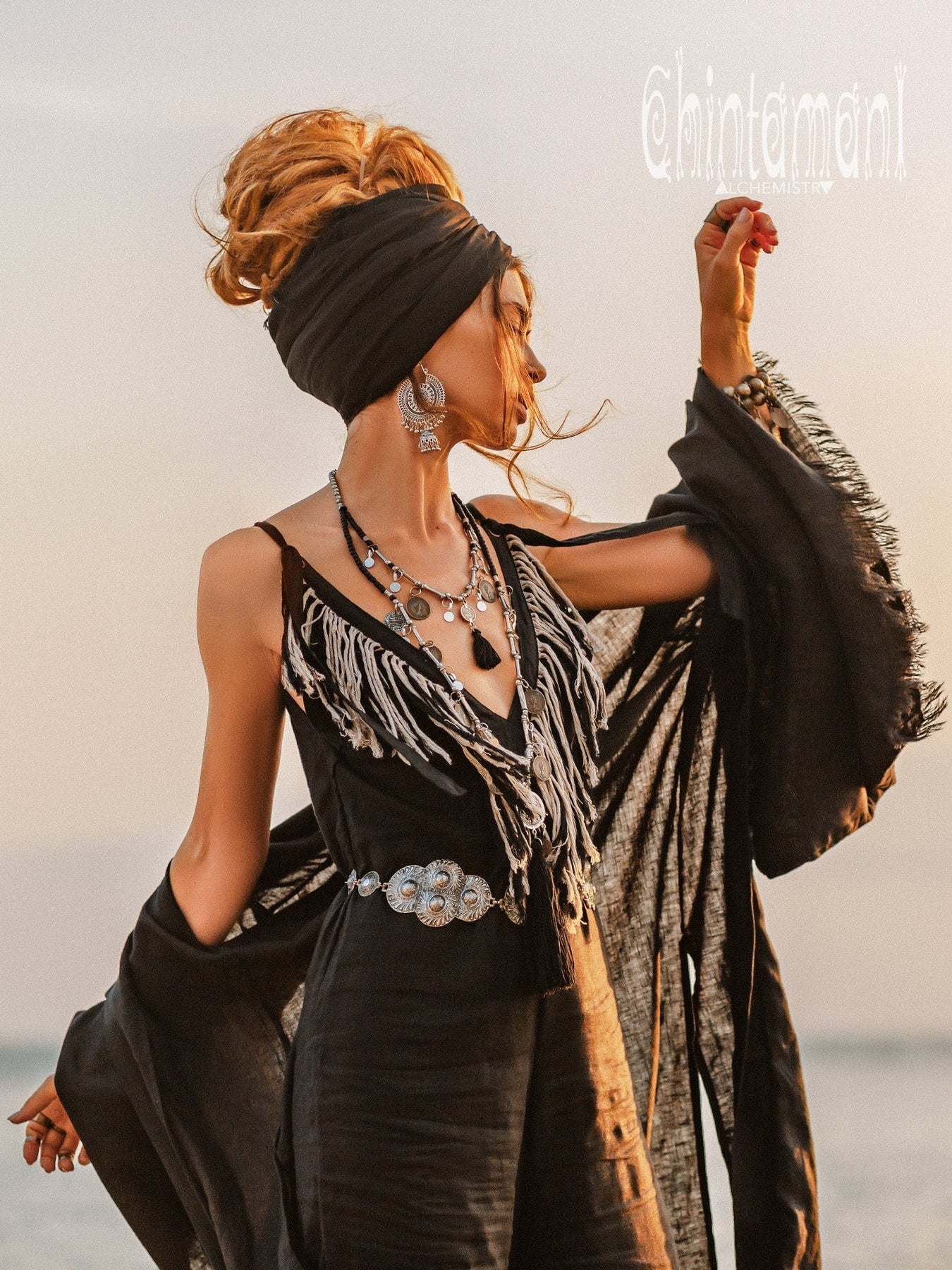 kimono and black dress Long Linen Kimono / Black