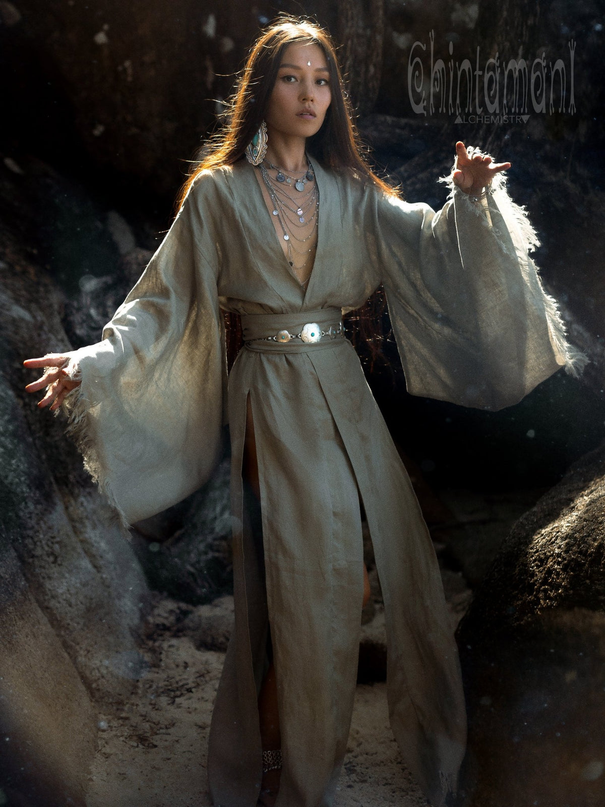 Long Linen Kimono / Sage Green - ChintamaniAlchemi