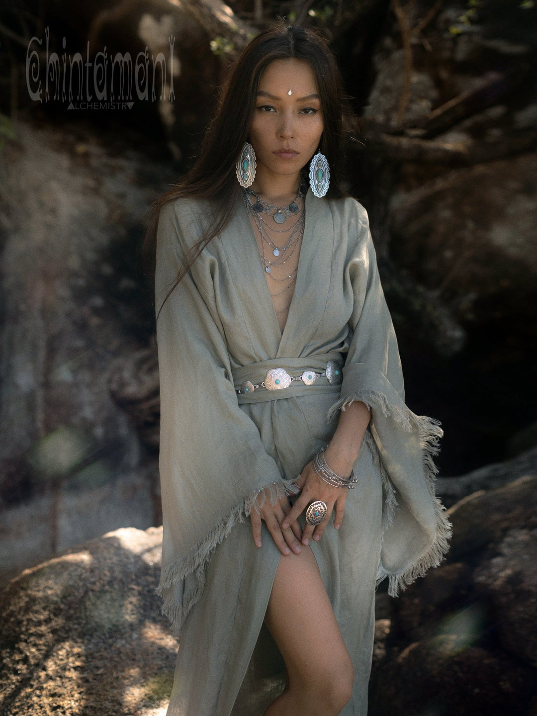 slim fit dress slacks Baltic Born Womens Kia Kimono Maxi Dress | Dark Sage main image 0