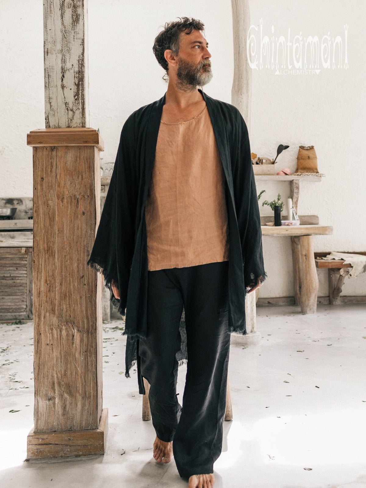 Men&#39;s Linen Kimono / Black - ChintamaniAlchemi