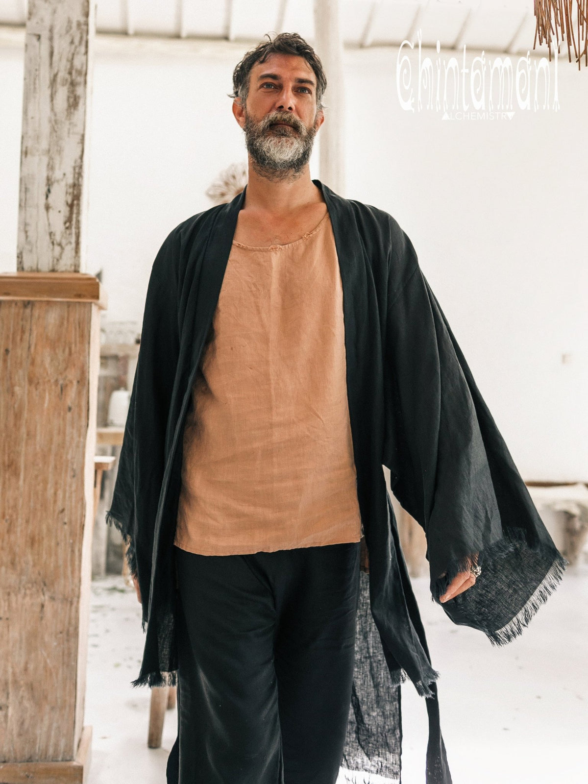 Men&#39;s Linen Kimono / Black - ChintamaniAlchemi