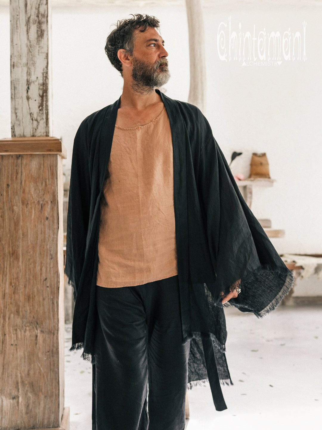 Men's Linen Kimono / Black - ChintamaniAlchemi
