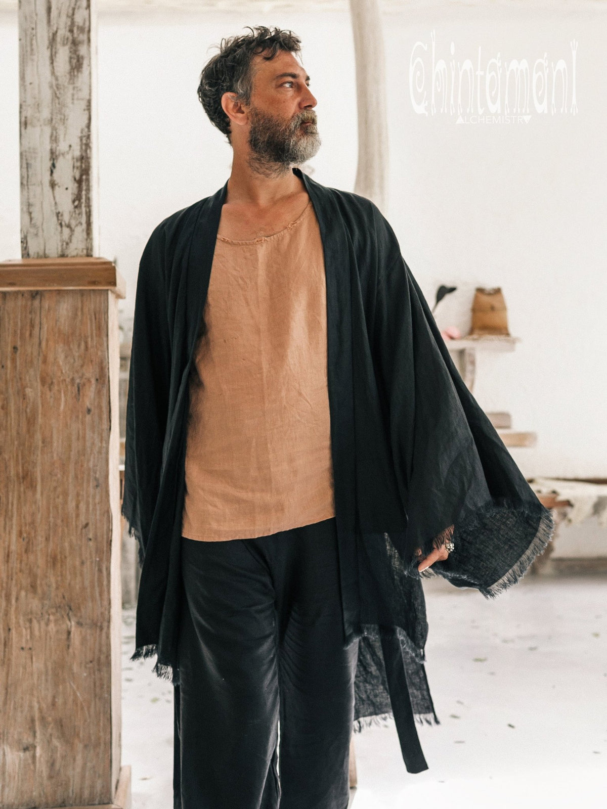 Men&#39;s Linen Kimono / Black - ChintamaniAlchemi