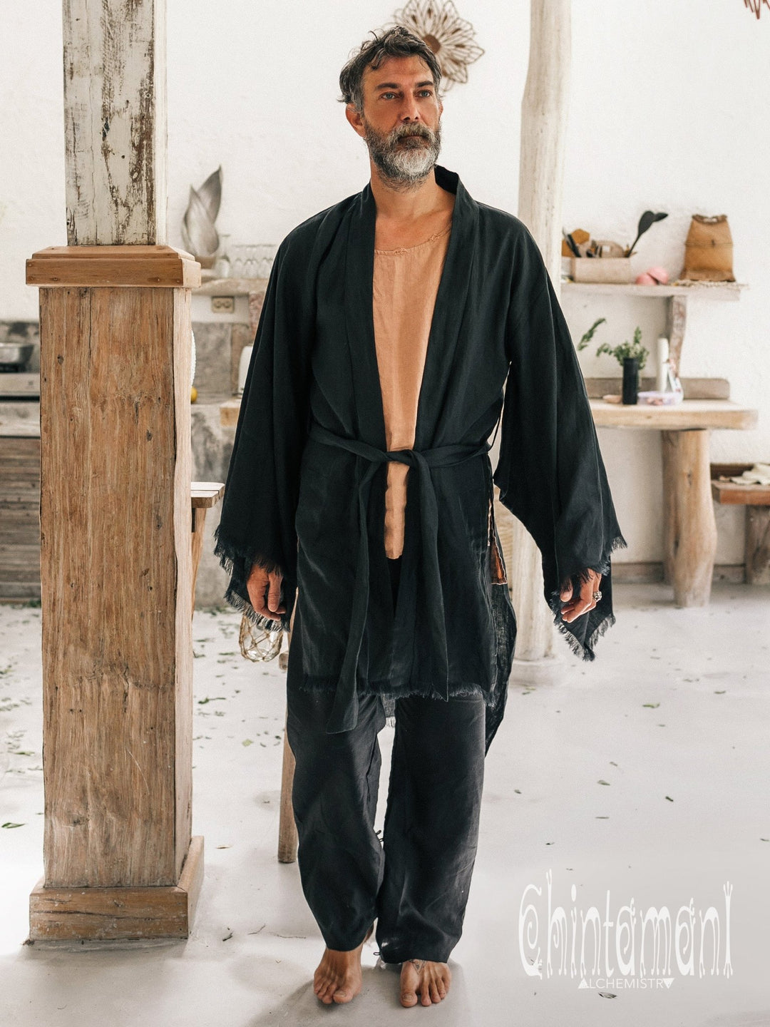 Men's Linen Kimono / Black - ChintamaniAlchemi