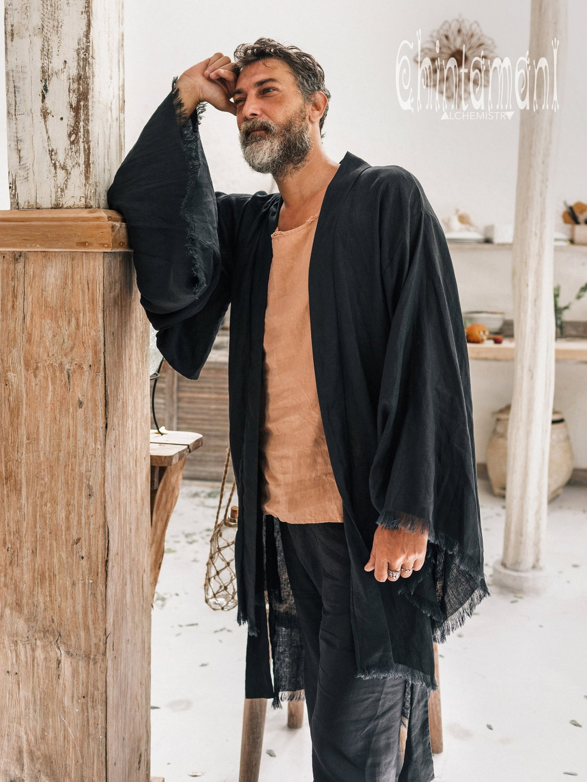 Men&#39;s Linen Kimono / Black - ChintamaniAlchemi