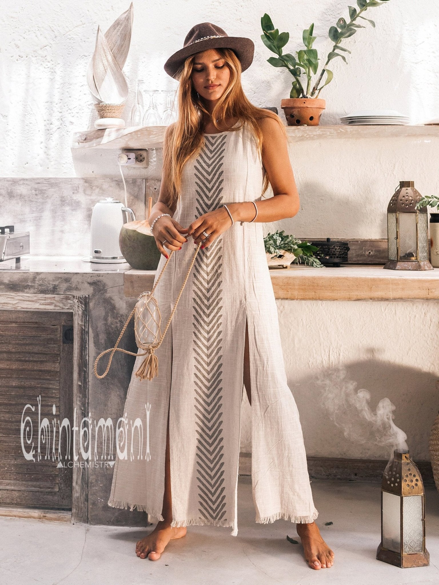 Organic Cotton Long Dress with Side Slit / Grey (free shipping) - ChintamaniAlchemi