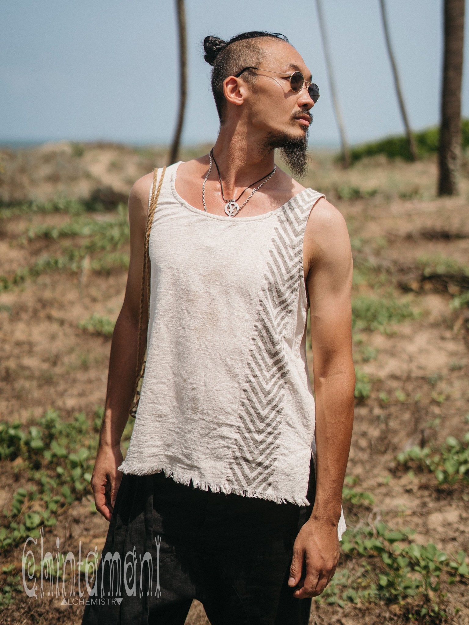 Organic Mens Vest Top with Corners Print / Light Grey - ChintamaniAlchemi