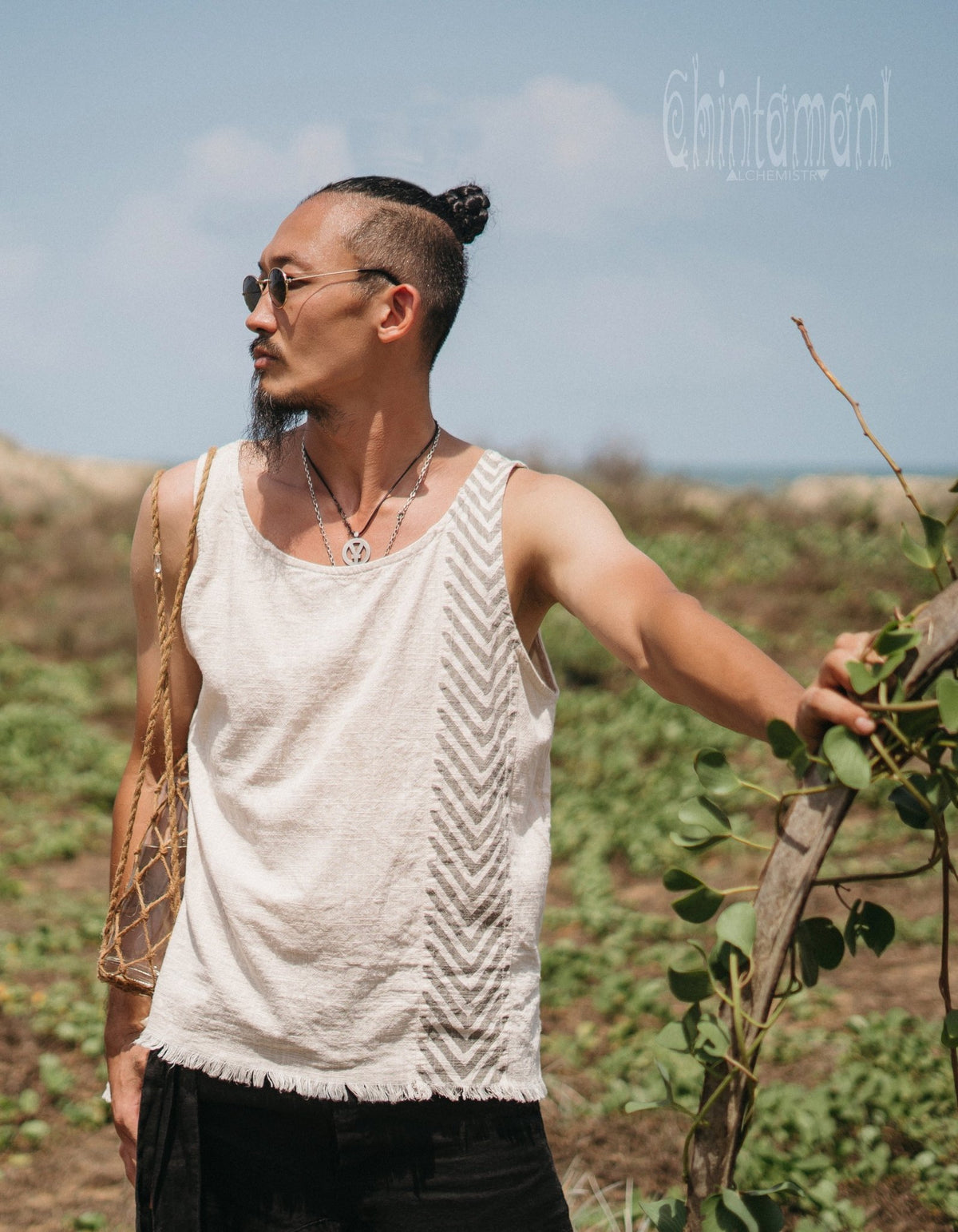 Organic Mens Vest Top with Corners Print / Light Grey - ChintamaniAlchemi