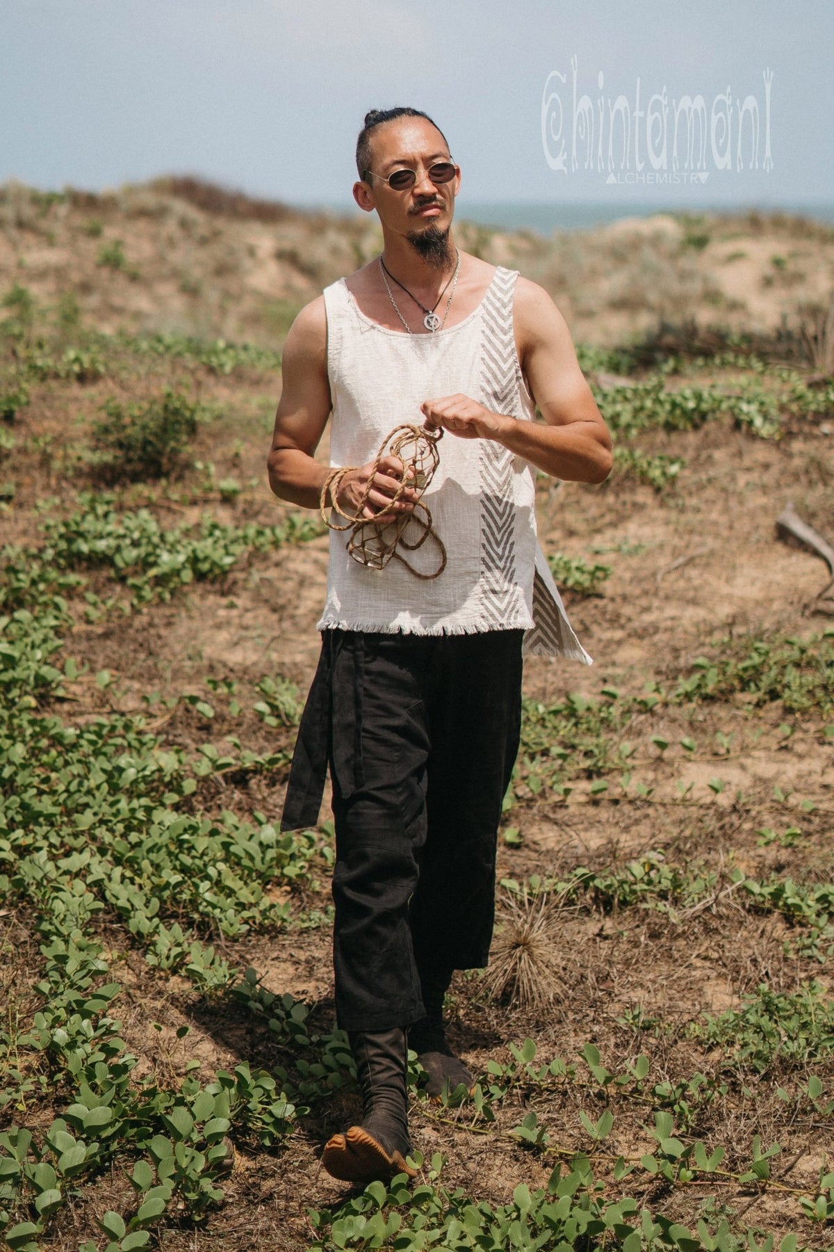 Organic Mens Vest Top with Corners Print / Light Grey - ChintamaniAlchemi