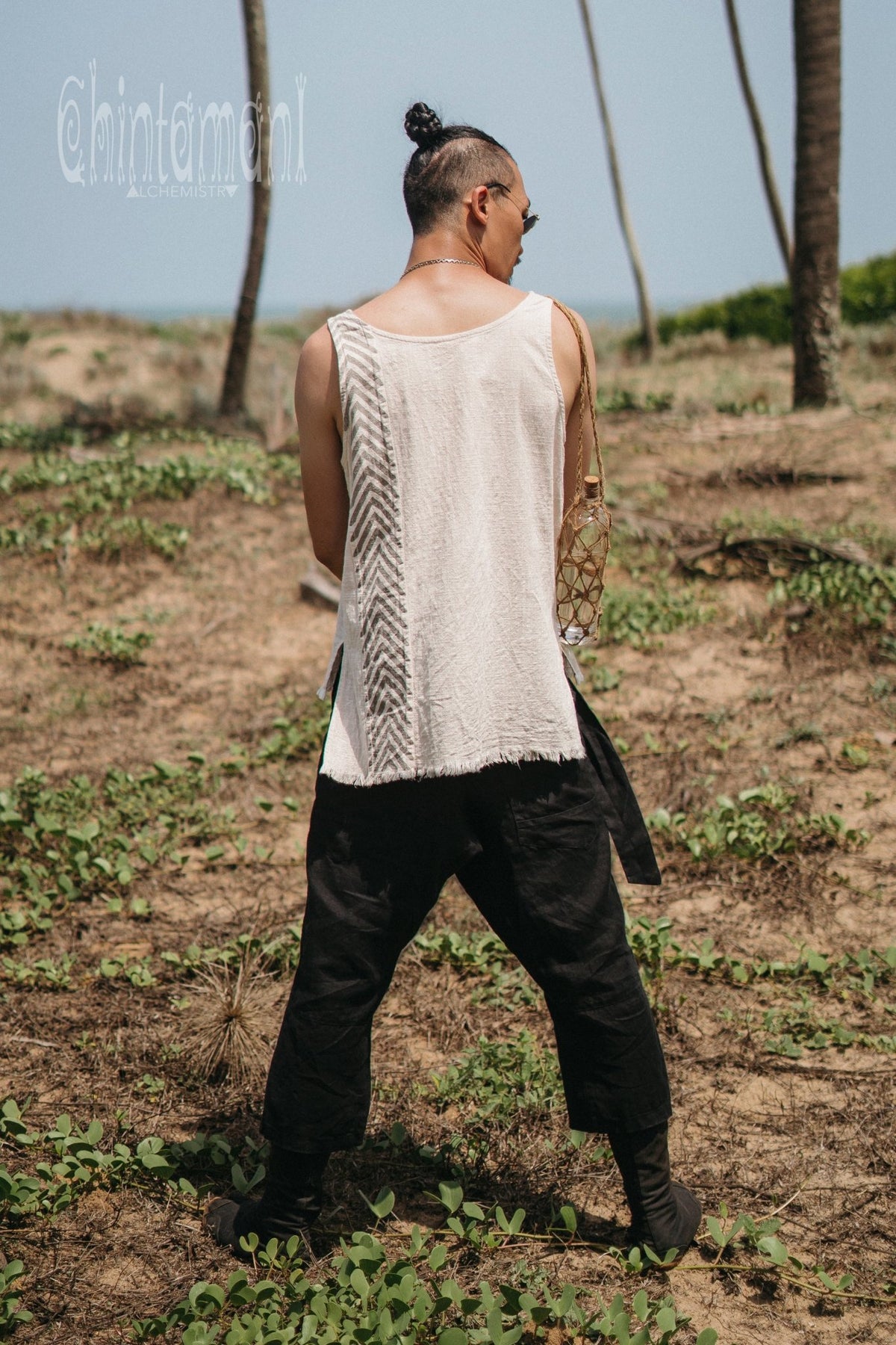 Organic Mens Vest Top with Corners Print / Light Grey - ChintamaniAlchemi